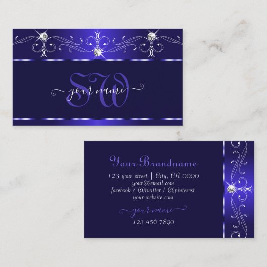 Luxe Royal Blue Squiggles Sparkle Jewels Monogram Visitekaartje (Voorkant / Achterkant)