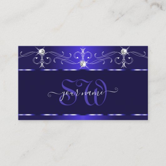 Luxe Royal Blue Squiggles Sparkle Jewels Monogram Visitekaartje (Voorkant)