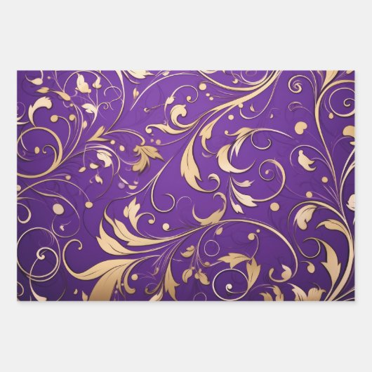 Luxe Royal Paarse en gouden damast patroon Inpakpapier Vel (Voorkant)