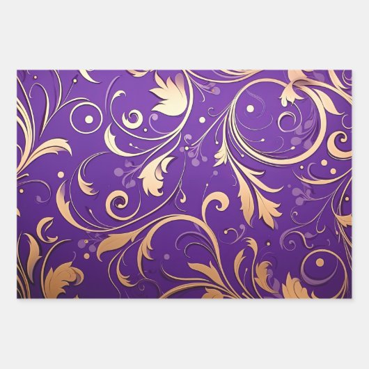 Luxe Royal Paarse en gouden damast patroon Inpakpapier Vel (Voorkant)