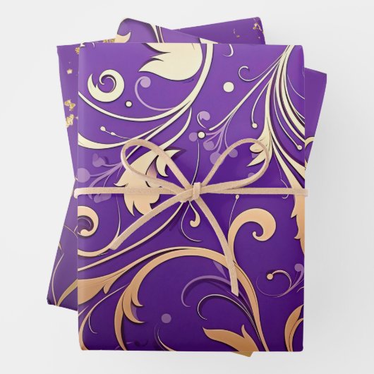 Luxe Royal Paarse en gouden damast patroon Inpakpapier Vel (In situ)