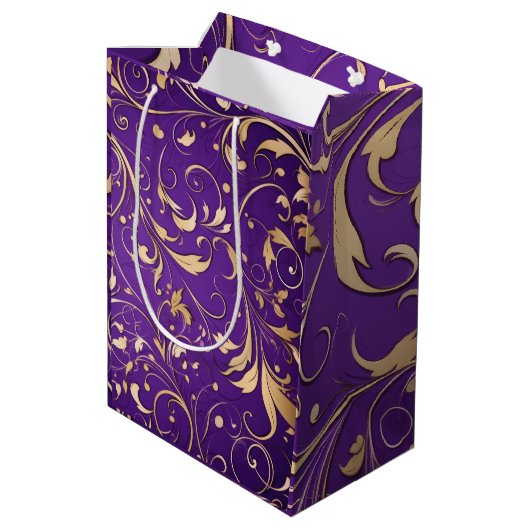 Luxe Royal Paarse en gouden damast patroon Medium Cadeauzakje (Achterkant Gekanteld)
