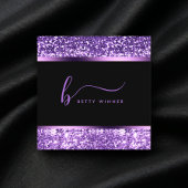 Luxe Royal Paarse Glitter Modern Script Monogram Vierkante Visitekaartje