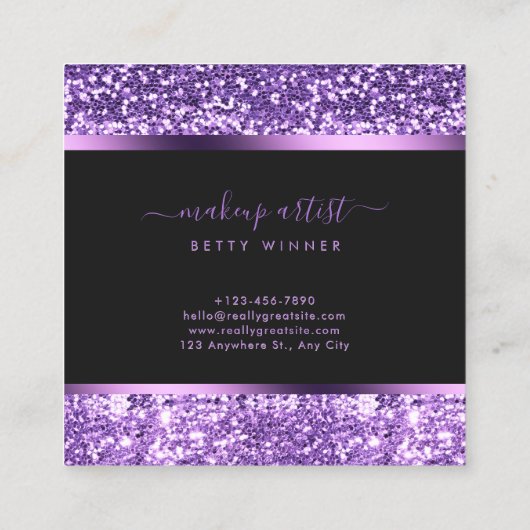 Luxe Royal Paarse Glitter Modern Script Monogram Vierkante Visitekaartje (Achterkant)