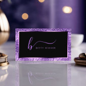 Luxe Royal Paarse Glitter Modern Script Monogram Visitekaartje