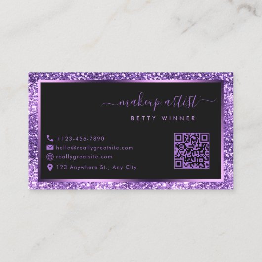 Luxe Royal Paarse Glitter Modern Script Monogram Visitekaartje (Achterkant)