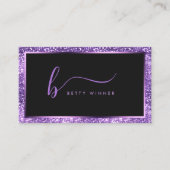 Luxe Royal Paarse Glitter Modern Script Monogram Visitekaartje (Voorkant)