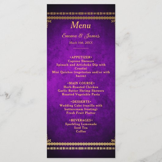 Luxe Royal Paarse & gouden bruiloft Menu (Voorkant)