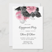Luxe roze Black Floral Inking Engagement Party Kaart (Voorkant)