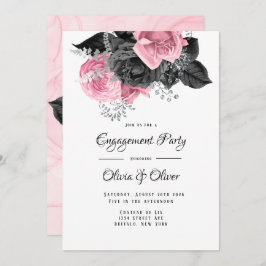 Luxe roze Black Floral Inking Engagement Party Kaart