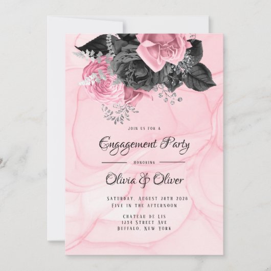 Luxe roze Black Floral Inking Engagement Party Kaart (Voorkant)
