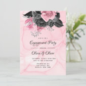 Luxe roze Black Floral Inking Engagement Party Kaart (Staand voorkant)