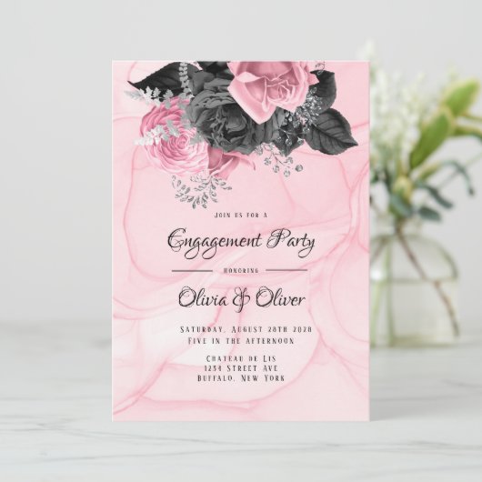 Luxe roze Black Floral Inking Engagement Party Kaart (Staand voorkant)