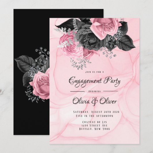Luxe roze Black Floral Inking Engagement Party Kaart (Voorkant / Achterkant)