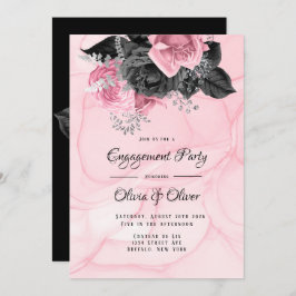 Luxe roze Black Floral Inking Engagement Party Kaart