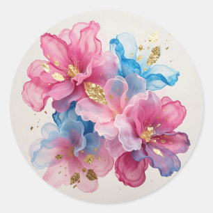 Luxe Roze Blauw Goud Bloemmotief Ronde Sticker