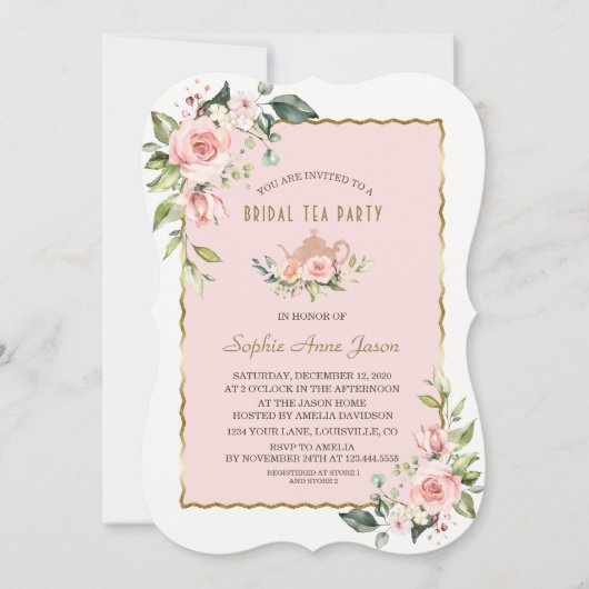 Luxe Roze Bloem Gouden Frame Bruiloft Thee Feestje Kaart (Voorkant)