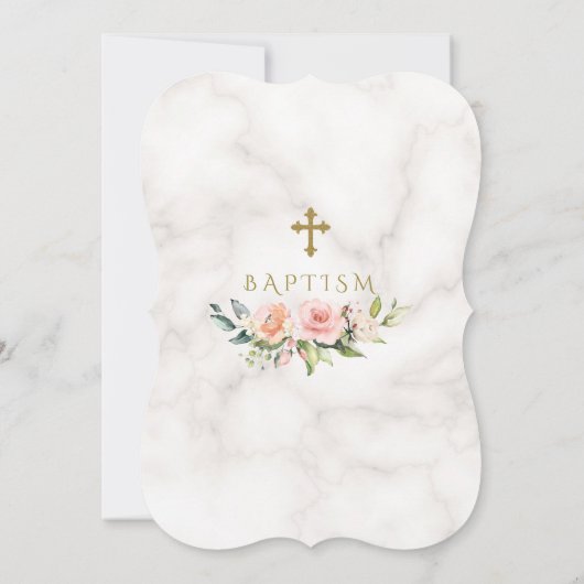 Luxe roze bloem kader marmer gouden kruis doop kaart (Achterkant)