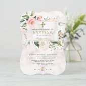 Luxe roze bloem kader marmer gouden kruis doop kaart (Staand voorkant)