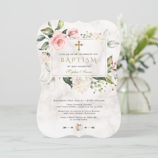 Luxe roze bloem kader marmer gouden kruis doop kaart (Staand voorkant)