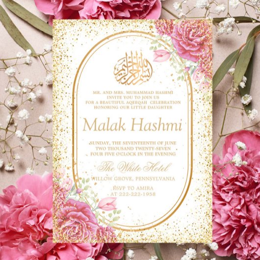 Luxe Roze Bloemen Glitter Islamitische Aqiqa Aqeeq Kaart