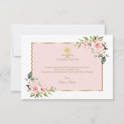 Luxe Roze Bloemen Goud Eerste Heilige Communie Bedankkaart (Voorkant)