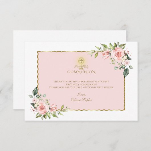 Luxe Roze Bloemen Goud Eerste Heilige Communie Bedankkaart (Voorkant / Achterkant)