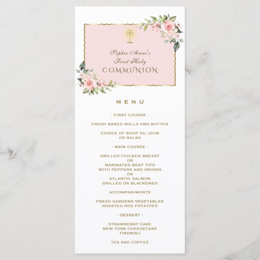 Luxe Roze Bloemen Goud Eerste Heilige Communie Men Menu (Achterkant)