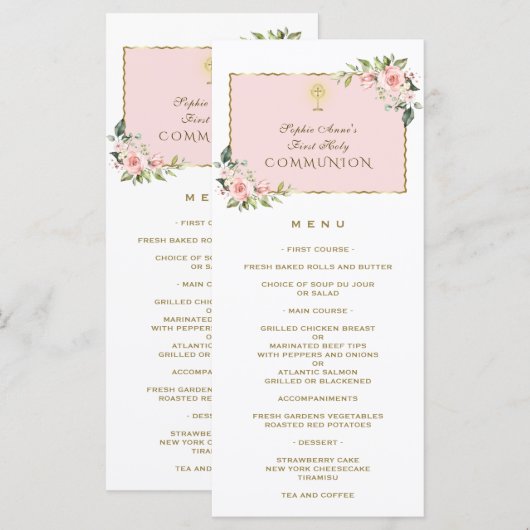 Luxe Roze Bloemen Goud Eerste Heilige Communie Men Menu (Voorkant / Achterkant)