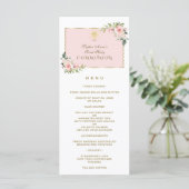 Luxe Roze Bloemen Goud Eerste Heilige Communie Men Menu (Staand voorkant)