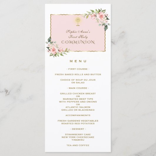 Luxe Roze Bloemen Goud Eerste Heilige Communie Men Menu (Voorkant)