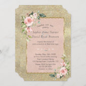 Luxe Roze Bloemen Goud Glitter Bruiloft Kaart (Voorkant / Achterkant)