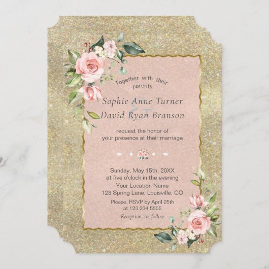 Luxe Roze Bloemen Goud Glitter Bruiloft Kaart (Voorkant / Achterkant)