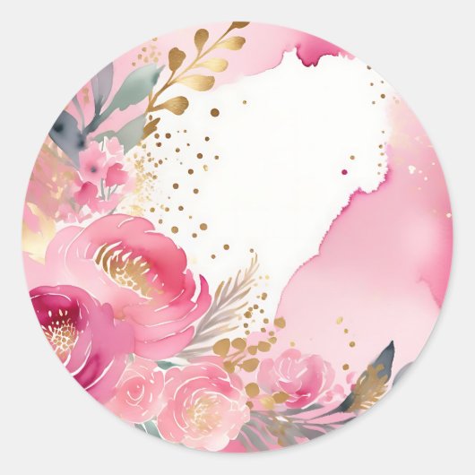 Luxe Roze Bloemen Goud Ronde Sticker (Voorkant)