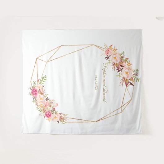 Luxe Roze Bloemen Goud Trouwfotocabine Wandkleed (Voorkant (horizontaal))