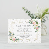 Luxe Roze Bloemen Gouden Frame Confetti Bruiloft Save The Date (Staand voorkant)