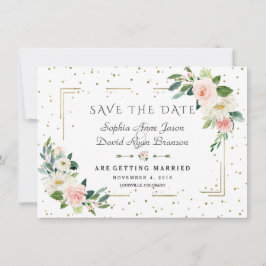 Luxe Roze Bloemen Gouden Frame Confetti Bruiloft Save The Date