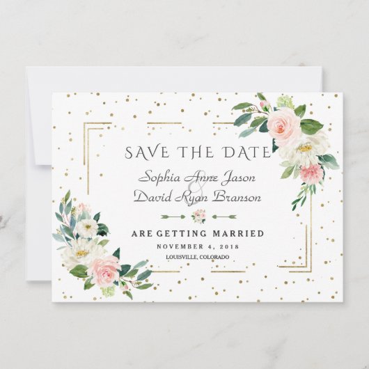 Luxe Roze Bloemen Gouden Frame Confetti Bruiloft Save The Date (Voorkant)