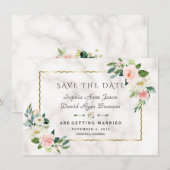 Luxe Roze Bloemen Gouden Frame Marmeren Huwelijk Save The Date (Voorkant / Achterkant)