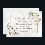 Luxe Roze Bloemen Gouden Lijst Marmeren Trouw Save The Date<br><div class="desc">Romantisch en elegant ontwerp met roze,  blozende,  crèmekleurige waterverf bloemen,  unieke gouden lijst,  bloemendivider; op de achterkant bruidsboeket op witte marmeren achtergrond. Gebruik de personaliseertool om uw informatie toe te voegen en wijzigingen aan te brengen. Overeenkomstige items zijn te vinden in mijn lente Roze Bloemen Collectie.</div>