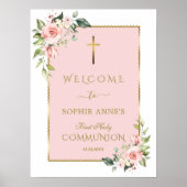 Luxe Roze Bloemen Heilige Communie Welkomstbord Poster (Voorkant)
