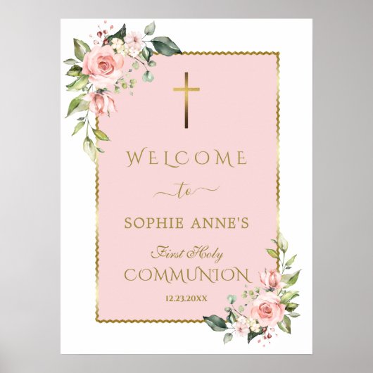Luxe Roze Bloemen Heilige Communie Welkomstbord Poster (Voorkant)