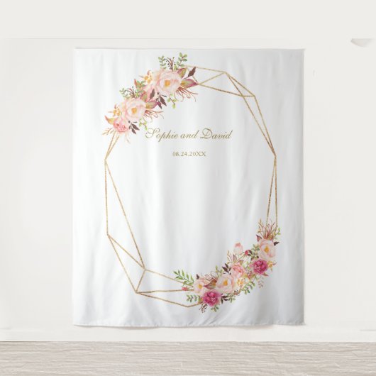 Luxe Roze Bloemengoud Bruiloftsfotocabine Wandkleed (Voorkant)