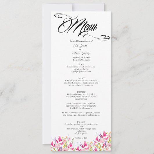 Luxe Roze Bloemige Trouw Menu Kaart (Voorkant)