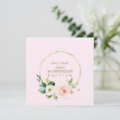 Luxe Roze Blush Bloem 1e Verjaardag en Doop Bedankkaart (Staand voorkant)