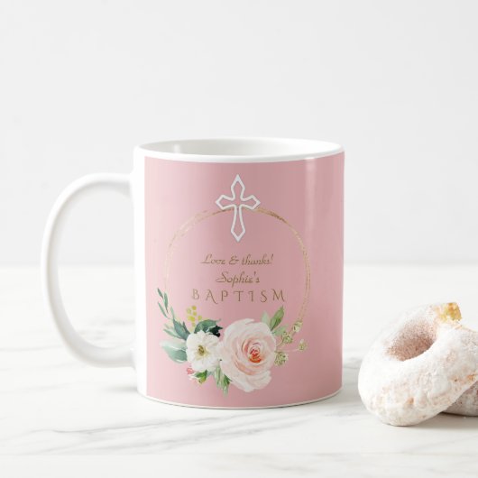 Luxe Roze Blush Bloem Wit Kruis Doop Koffiemok (Met donut)