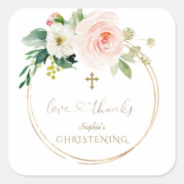 Luxe Roze Blush Bloem Wit Kruis Doop Vierkante Sticker