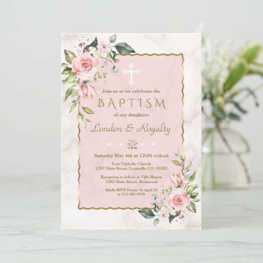 Luxe Roze Blush Bloemen Gouden Marmer Meisje Doop Kaart (Staand voorkant)