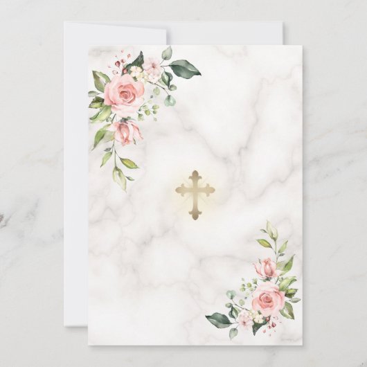 Luxe Roze Blush Bloemen Gouden Marmer Meisje Doop Kaart (Achterkant)