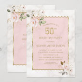Luxe Roze Blush Bloemen Marmer 50e Verjaardag Kaart (Voorkant / Achterkant)